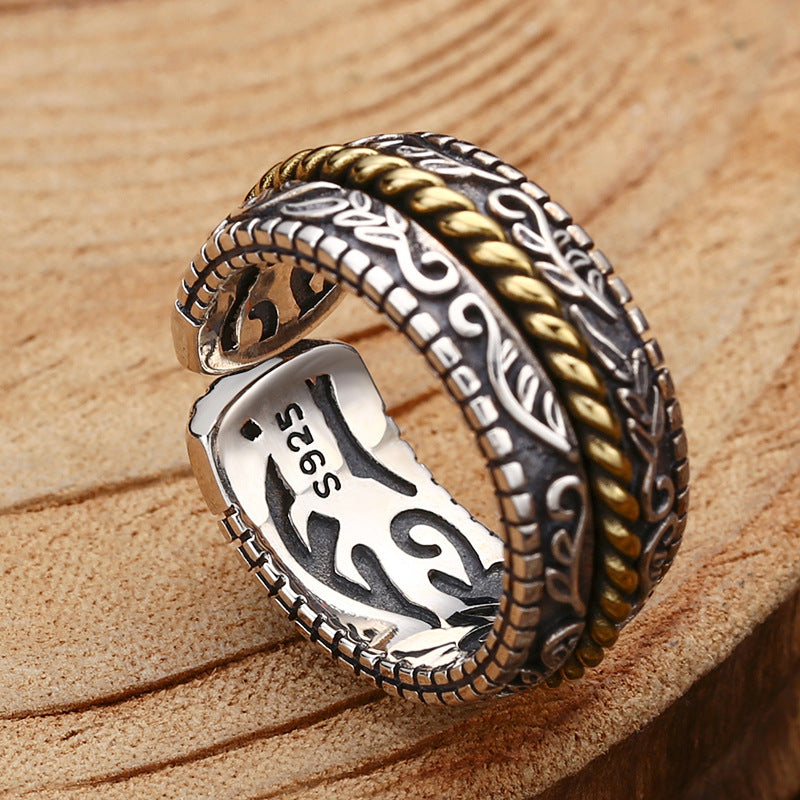 Bague ajustable porte-bonheur en argent sterling 925, motif floral de la dynastie Tang