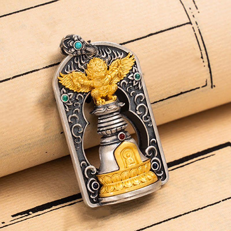 Pendentif cloche tibétain Garuda Bird Vajra Dorje en argent sterling 925