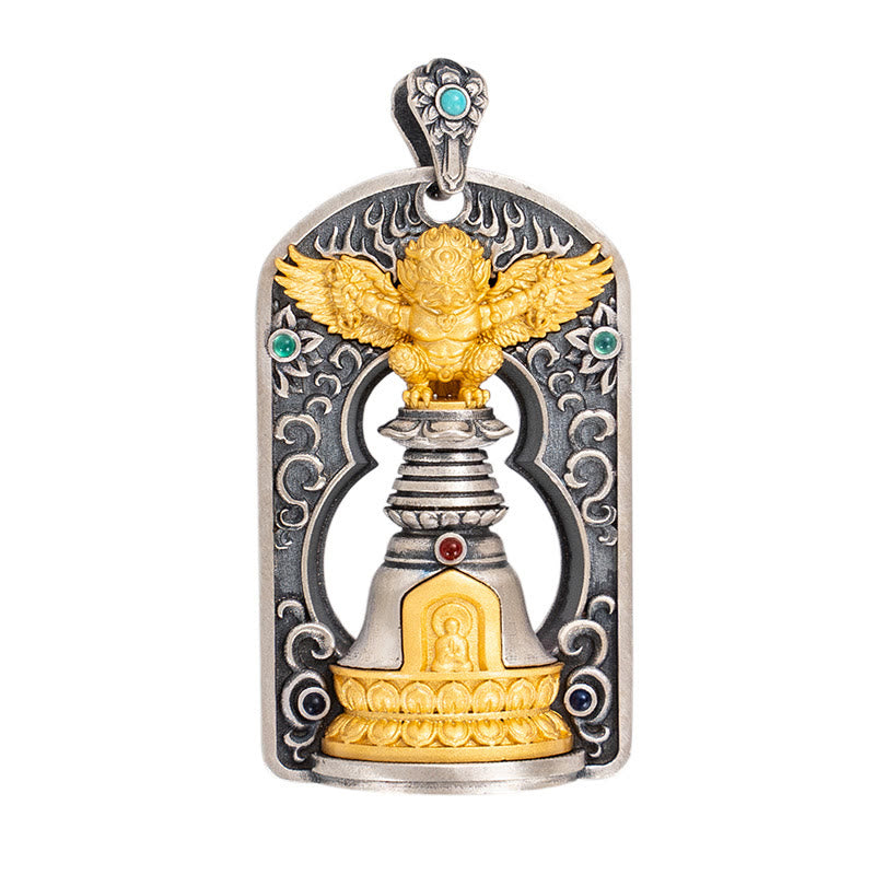 Pendentif cloche tibétain Garuda Bird Vajra Dorje en argent sterling 925