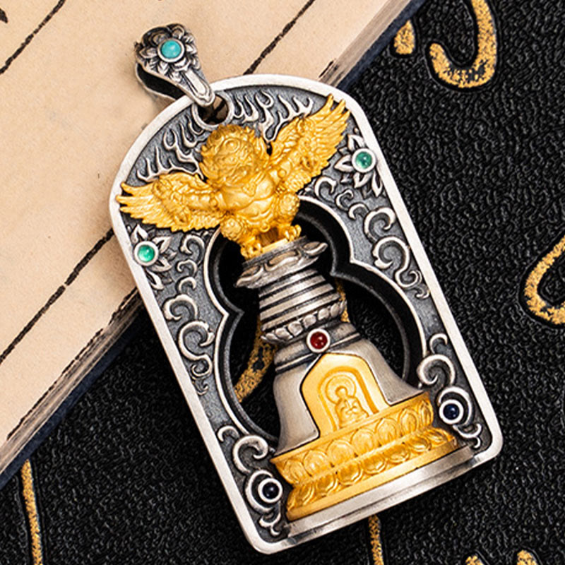 Pendentif cloche tibétain Garuda Bird Vajra Dorje en argent sterling 925