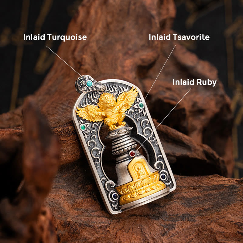 Pendentif cloche tibétain Garuda Bird Vajra Dorje en argent sterling 925