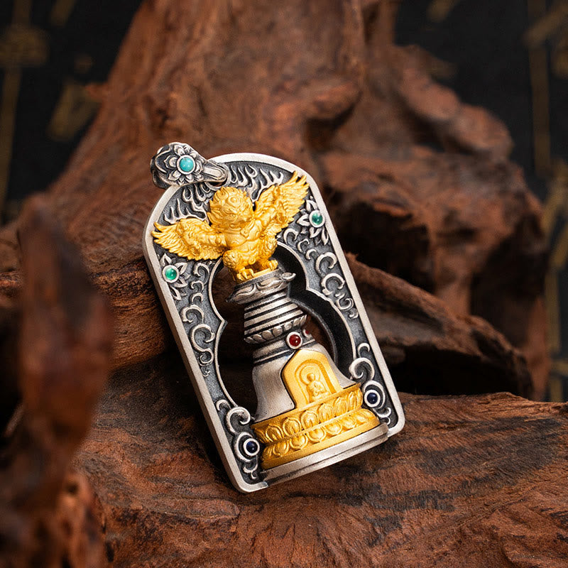 Pendentif cloche tibétain Garuda Bird Vajra Dorje en argent sterling 925
