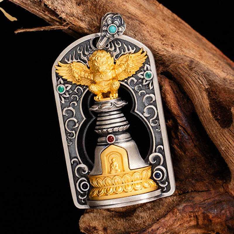 Pendentif cloche tibétain Garuda Bird Vajra Dorje en argent sterling 925