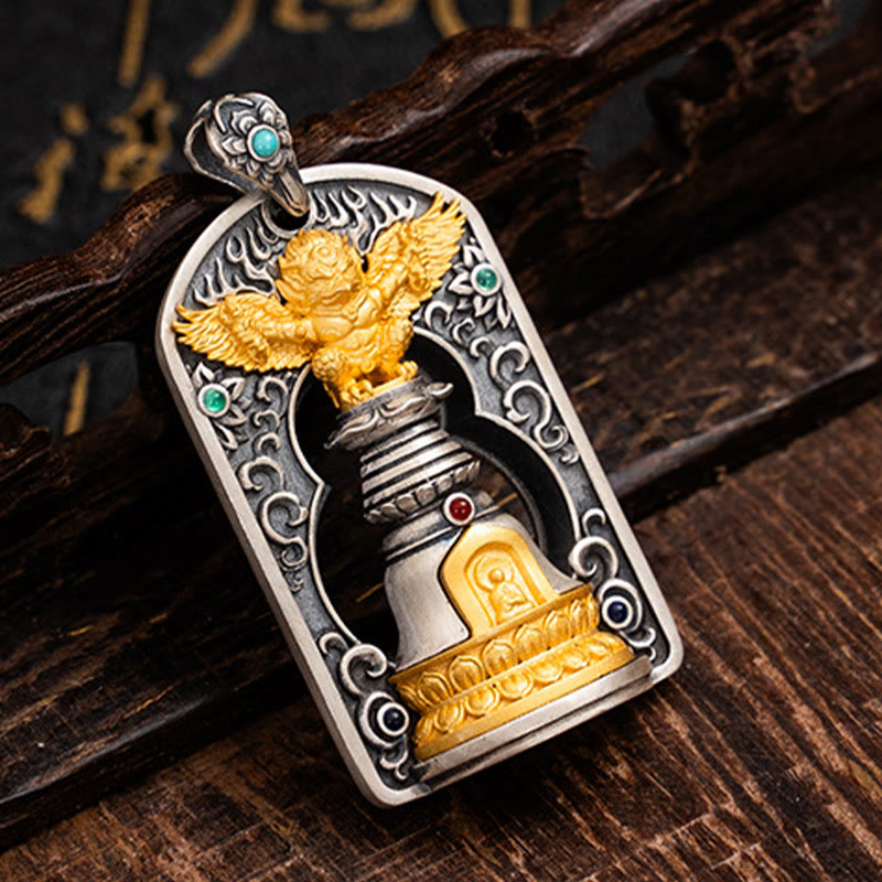Pendentif cloche tibétain Garuda Bird Vajra Dorje en argent sterling 925