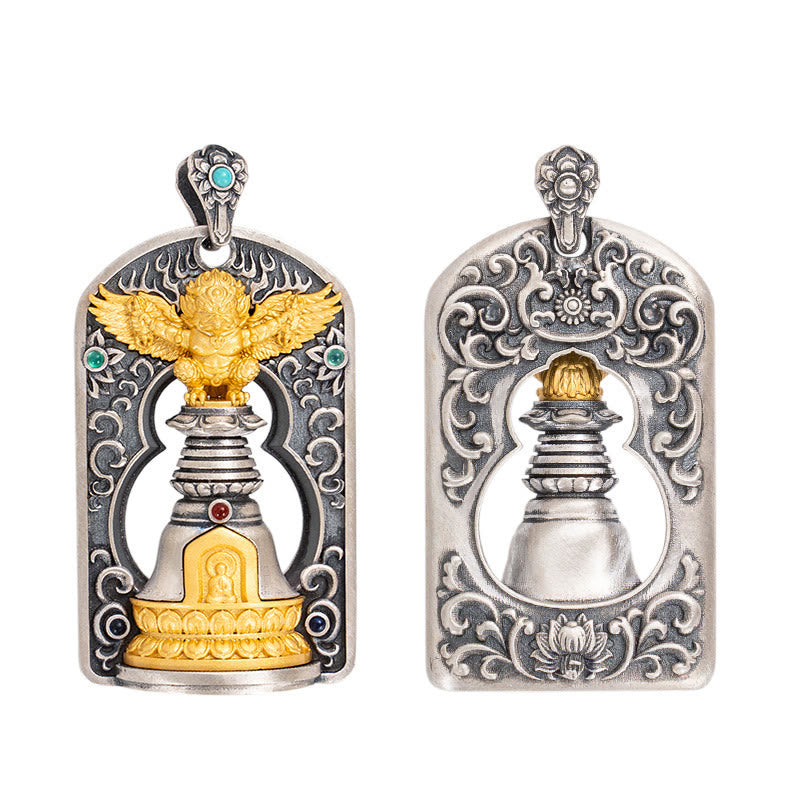 Pendentif cloche tibétain Garuda Bird Vajra Dorje en argent sterling 925