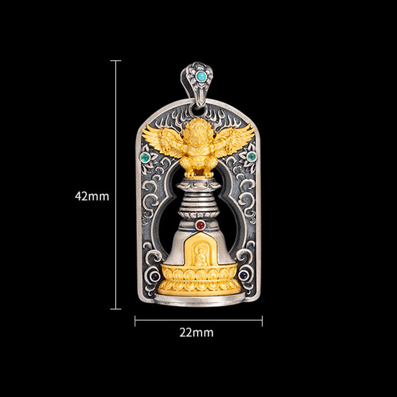 Pendentif cloche tibétain Garuda Bird Vajra Dorje en argent sterling 925