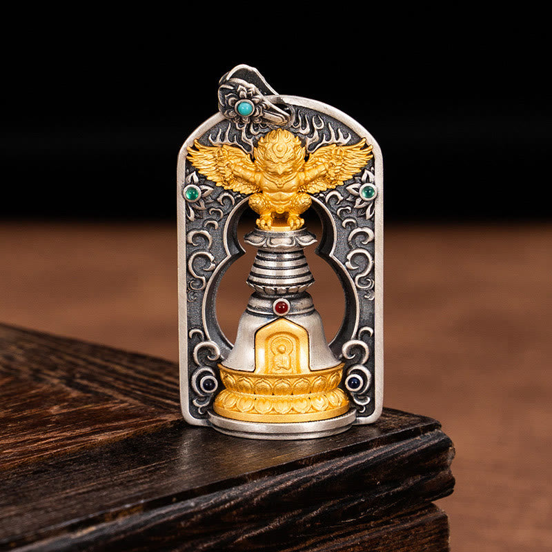 Pendentif cloche tibétain Garuda Bird Vajra Dorje en argent sterling 925