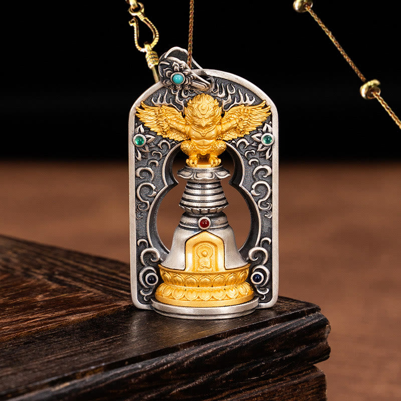 Pendentif cloche tibétain Garuda Bird Vajra Dorje en argent sterling 925