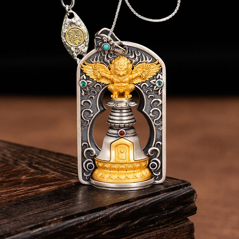 Pendentif cloche tibétain Garuda Bird Vajra Dorje en argent sterling 925