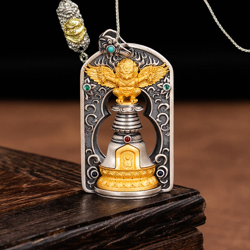 Pendentif cloche tibétain Garuda Bird Vajra Dorje en argent sterling 925