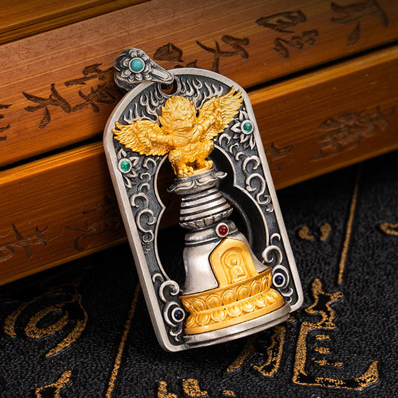 Pendentif cloche tibétain Garuda Bird Vajra Dorje en argent sterling 925