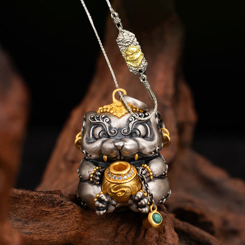 Collier de protection spirituelle en argent sterling 925 représentant un rat cracheur de trésors