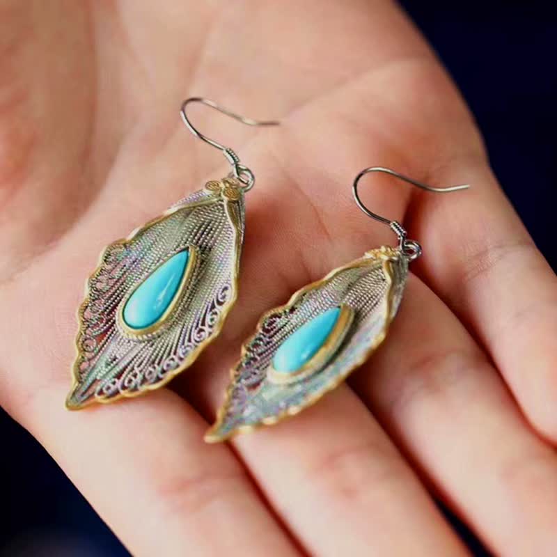 Boucles d'oreilles pendantes en argent sterling 925 avec turquoise et feuille de Bodhi