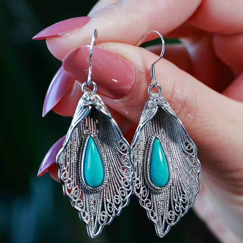 Boucles d'oreilles pendantes en argent sterling 925 avec turquoise et feuille de Bodhi