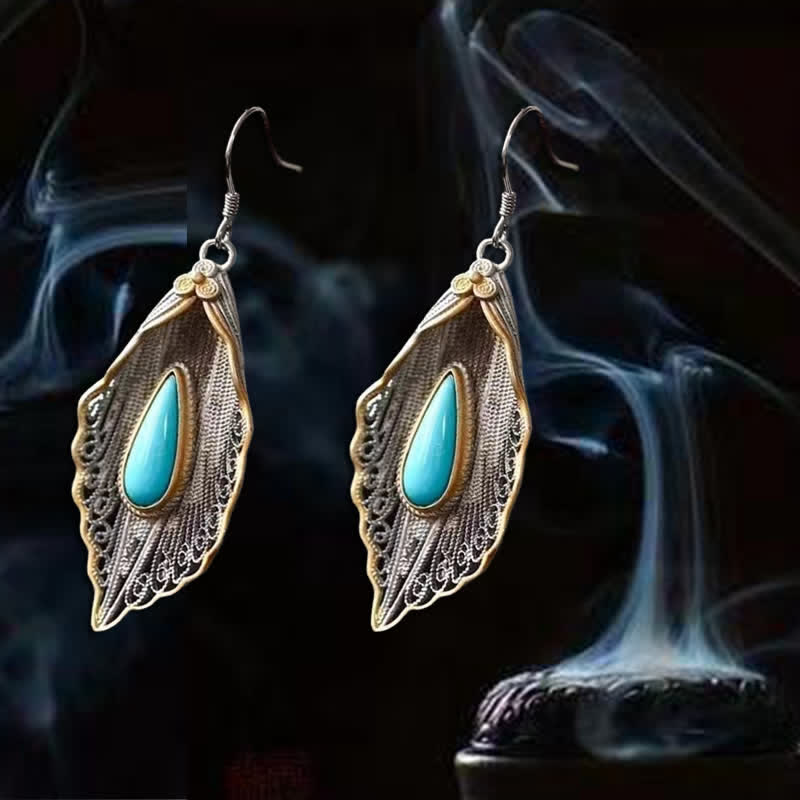 Boucles d'oreilles pendantes en argent sterling 925 avec turquoise et feuille de Bodhi