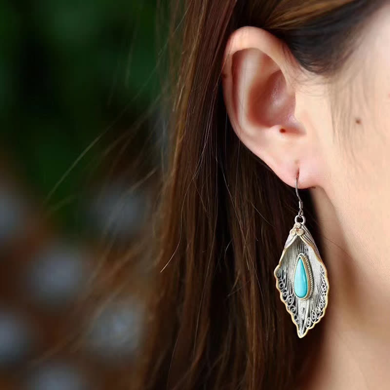 Boucles d'oreilles pendantes en argent sterling 925 avec turquoise et feuille de Bodhi