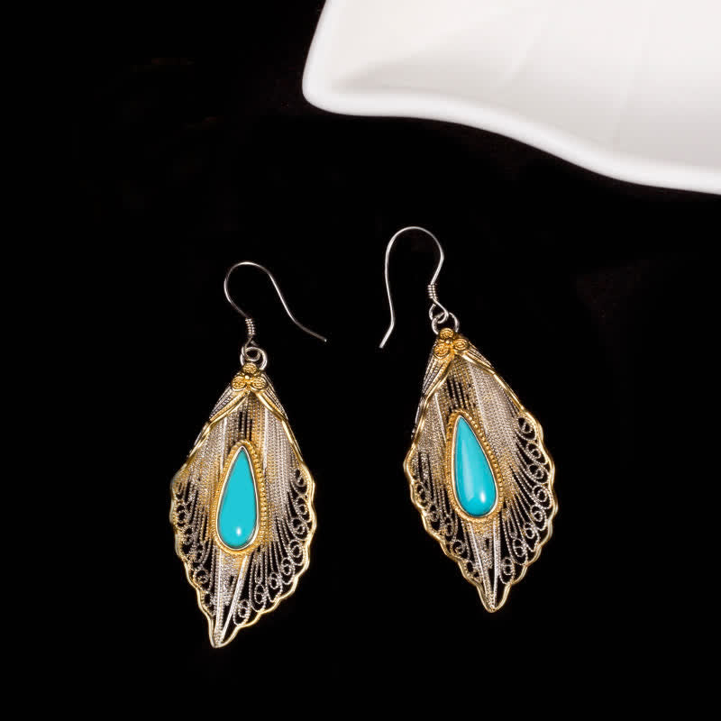 Boucles d'oreilles pendantes en argent sterling 925 avec turquoise et feuille de Bodhi