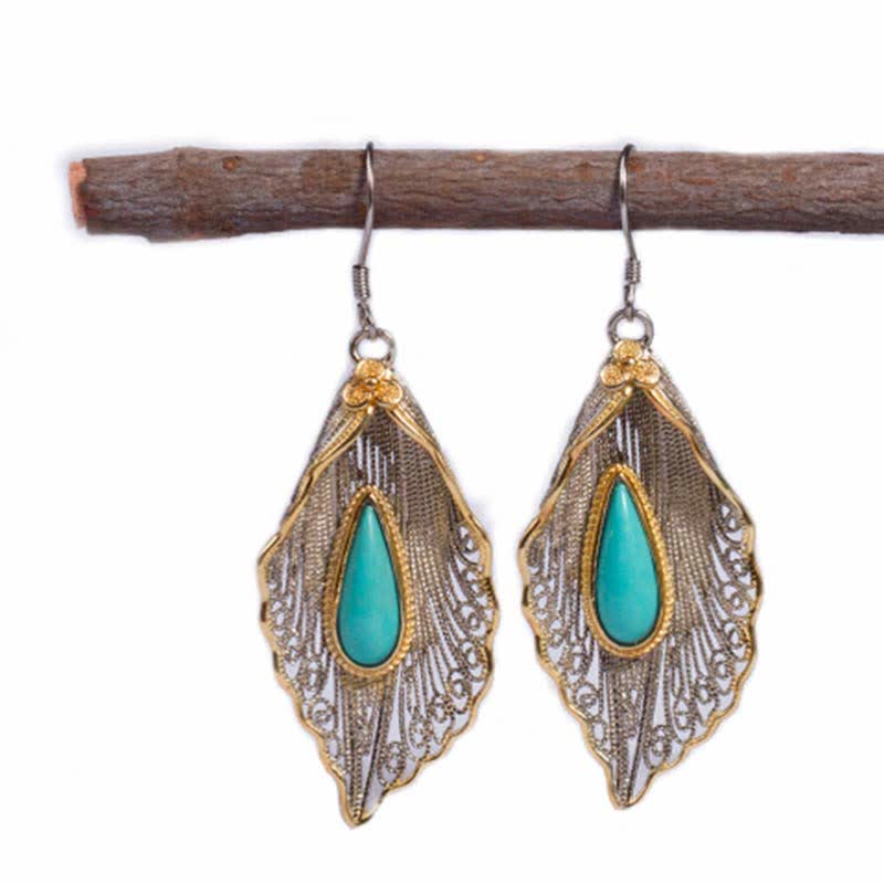 Boucles d'oreilles pendantes en argent sterling 925 avec turquoise et feuille de Bodhi