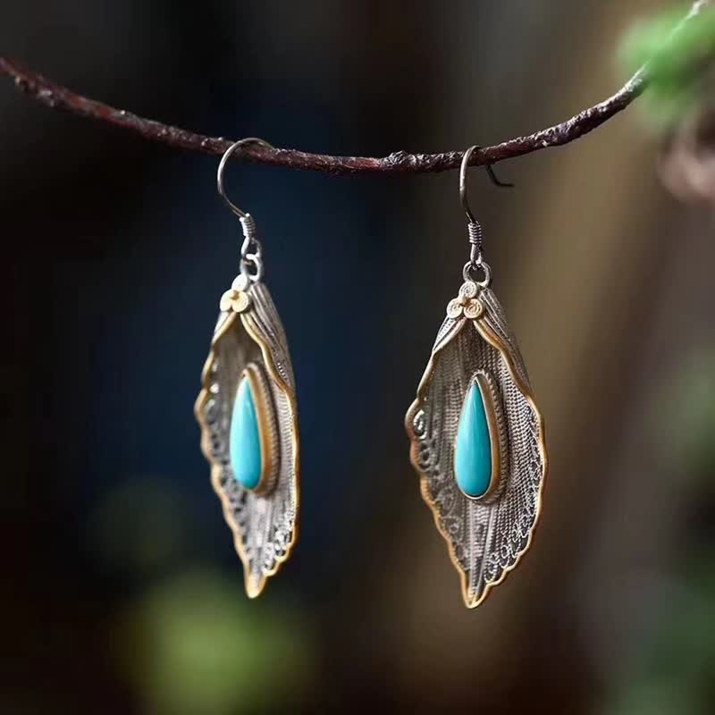 Boucles d'oreilles pendantes en argent sterling 925 avec turquoise et feuille de Bodhi