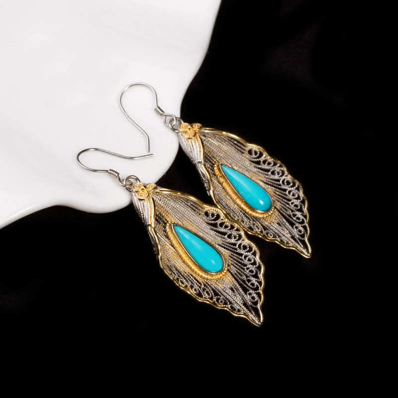 Boucles d'oreilles pendantes en argent sterling 925 avec turquoise et feuille de Bodhi