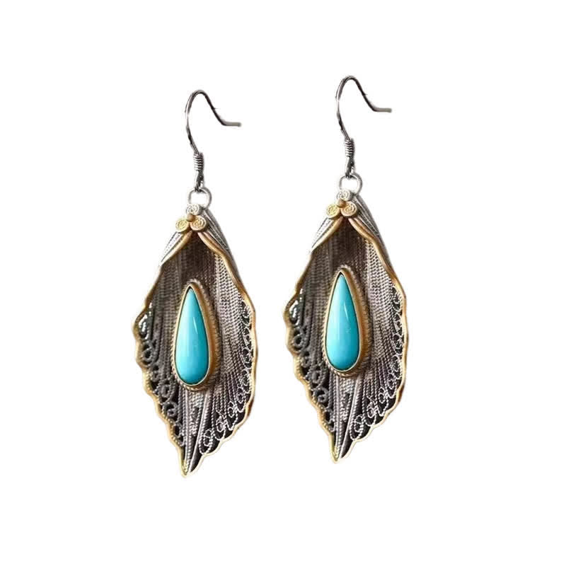 Boucles d'oreilles pendantes en argent sterling 925 avec turquoise et feuille de Bodhi