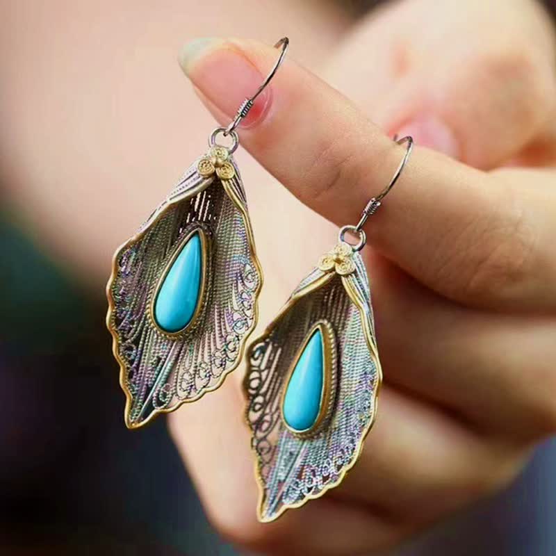 Boucles d'oreilles pendantes en argent sterling 925 avec turquoise et feuille de Bodhi