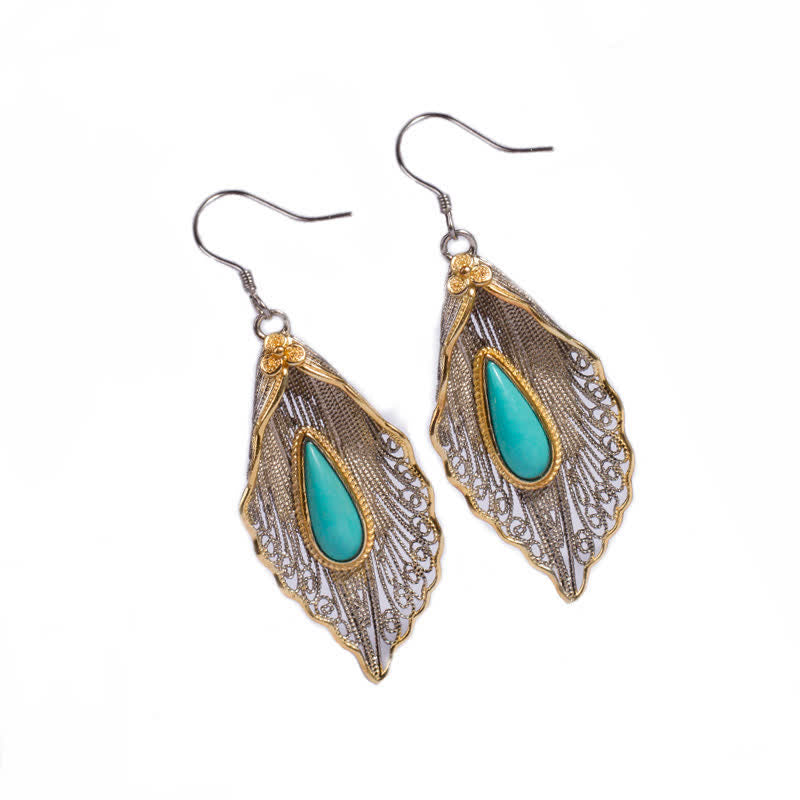 Boucles d'oreilles pendantes en argent sterling 925 avec turquoise et feuille de Bodhi