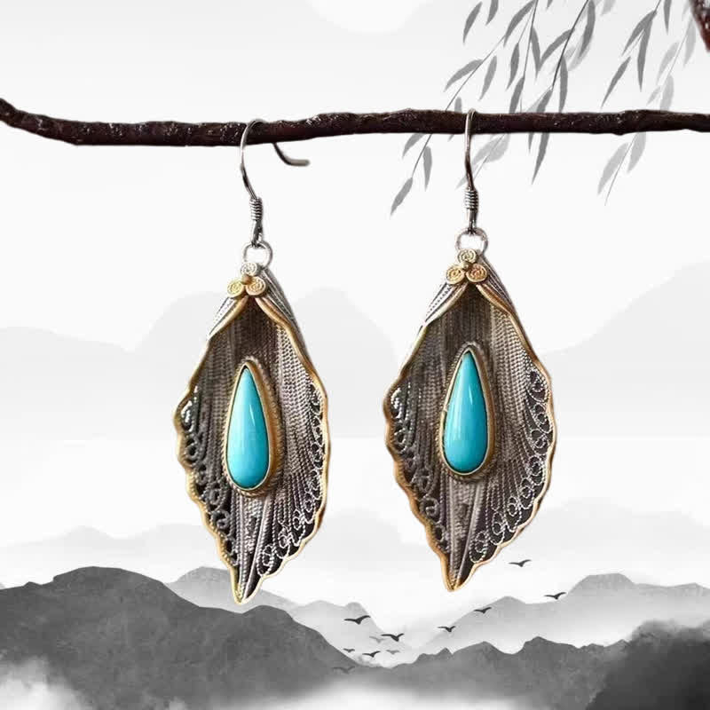 Boucles d'oreilles pendantes en argent sterling 925 avec turquoise et feuille de Bodhi