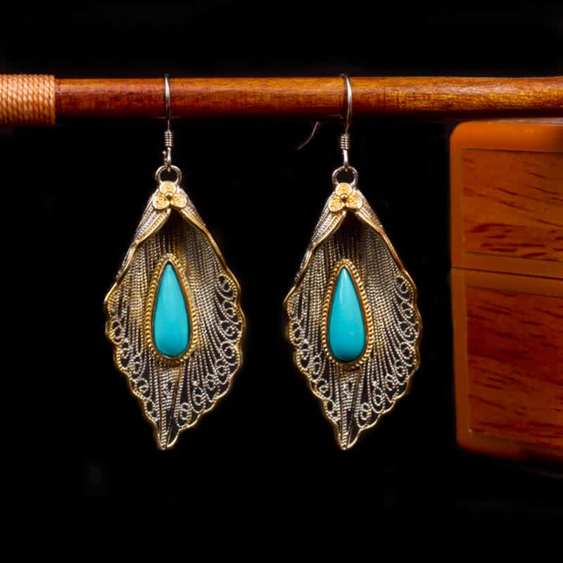 Boucles d'oreilles pendantes en argent sterling 925 avec turquoise et feuille de Bodhi