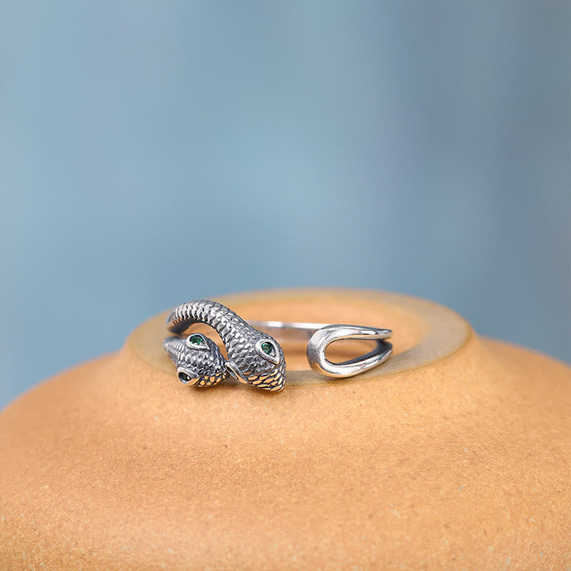 Bague ajustable en argent sterling 925 avec serpent à deux têtes et symbole de sagesse