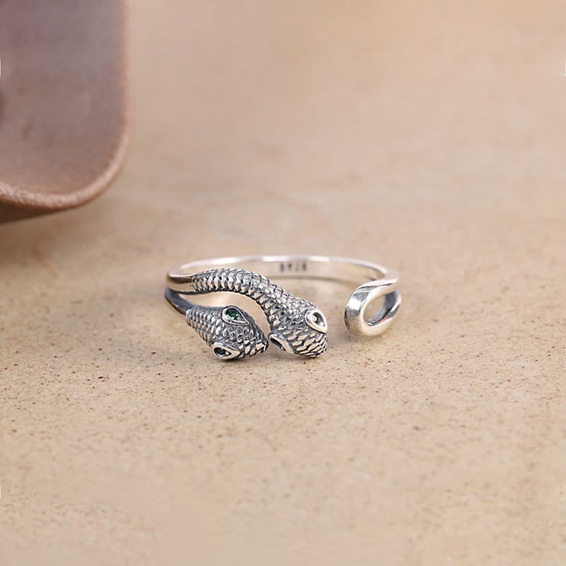 Bague ajustable en argent sterling 925 avec serpent à deux têtes et symbole de sagesse