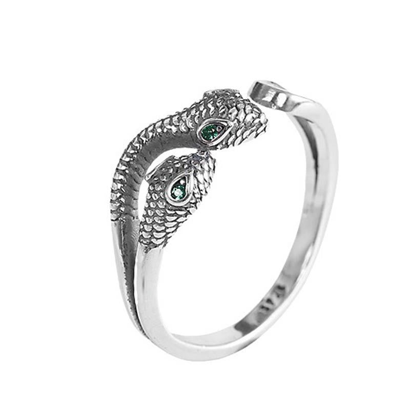 Bague ajustable en argent sterling 925 avec serpent à deux têtes et symbole de sagesse