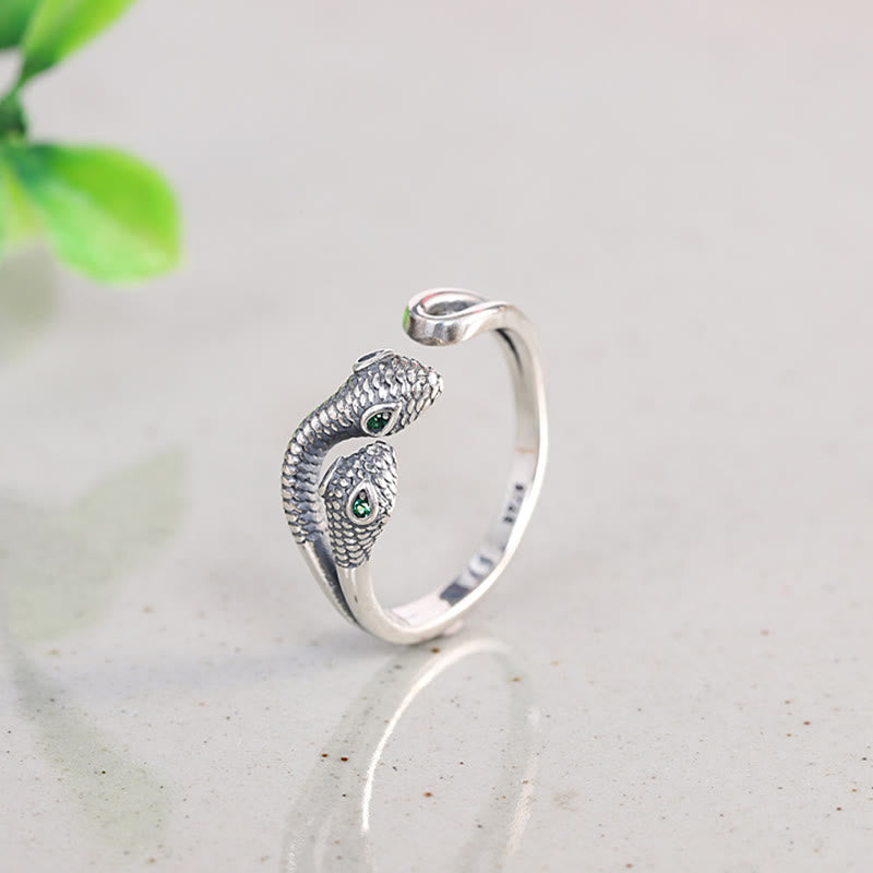 Bague ajustable en argent sterling 925 avec serpent à deux têtes et symbole de sagesse