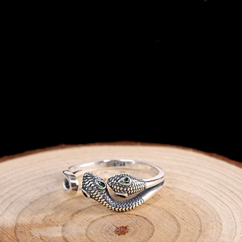 Bague ajustable en argent sterling 925 avec serpent à deux têtes et symbole de sagesse