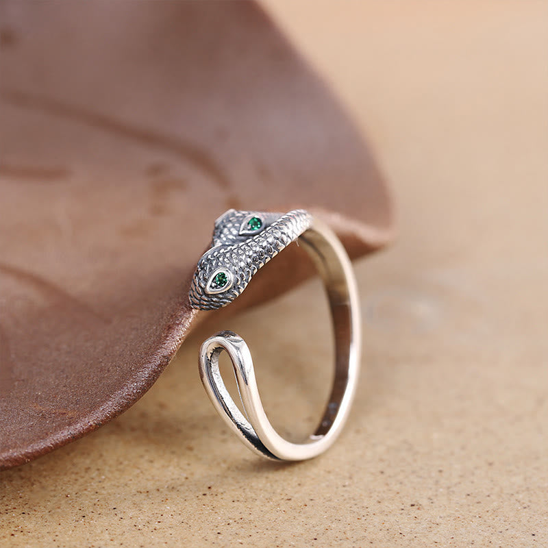 Bague ajustable en argent sterling 925 avec serpent à deux têtes et symbole de sagesse