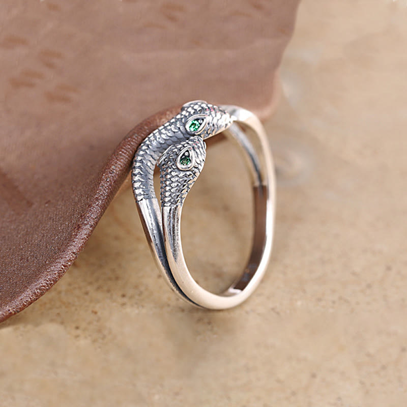 Bague ajustable en argent sterling 925 avec serpent à deux têtes et symbole de sagesse