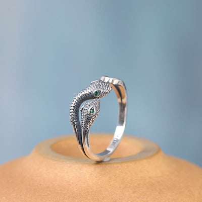 Bague ajustable en argent sterling 925 avec serpent à deux têtes et symbole de sagesse