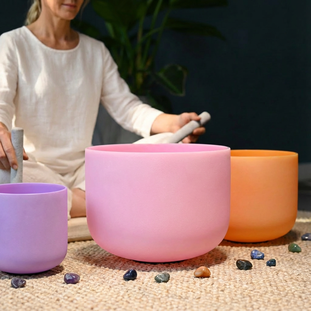 Ensemble de bols chantants en cristal pastel pour la méditation