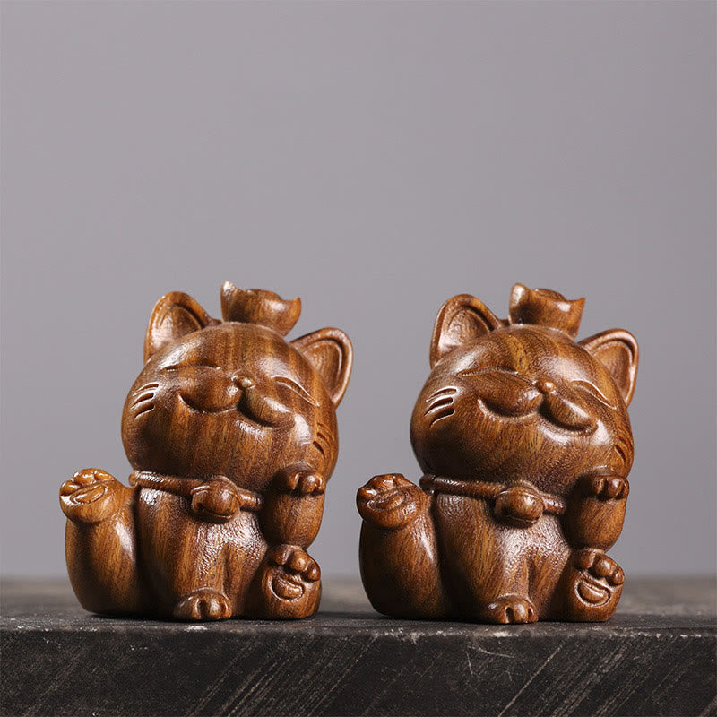 5cm Green Sandalwood Lucky Cat Statue for Peace & Prosperity
