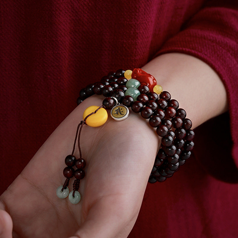 Chinese Zodiac 108 Mala Bracelet Red Agate & Sandalwood