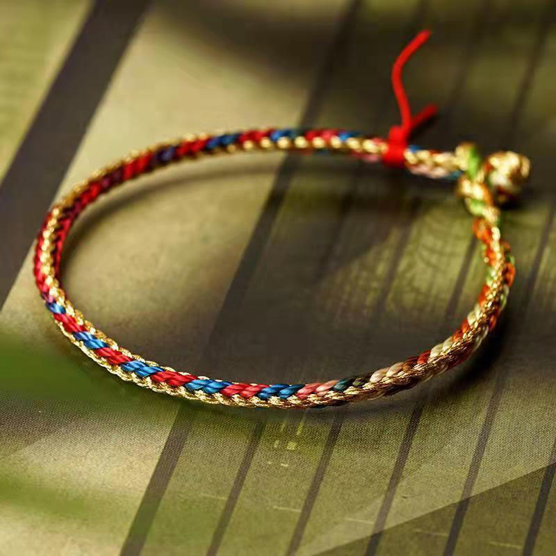Multicolored Fu Character Red String Braided Bracelet 925 Silver