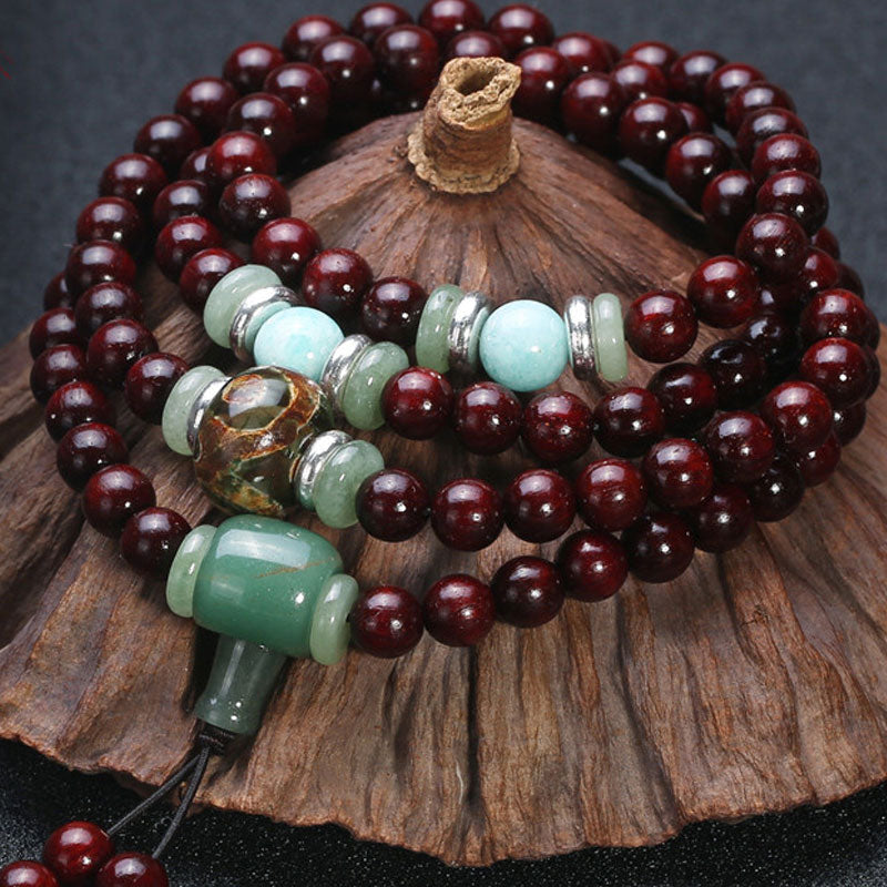 108 Bead Mala Bracelet | Red Sandalwood Green Aventurine Amazonite