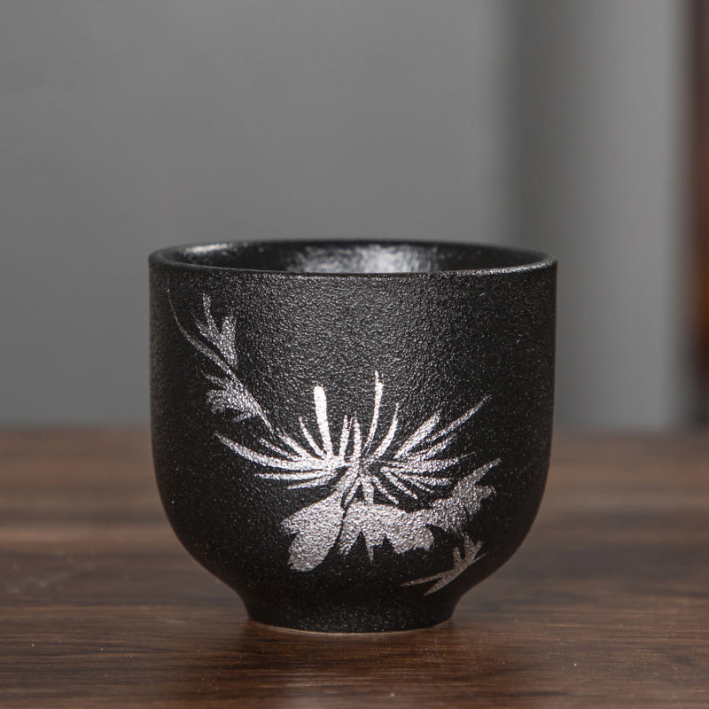 Tasse à thé en céramique noire peinte à la main de 95 ml, motif fleur de lotus
