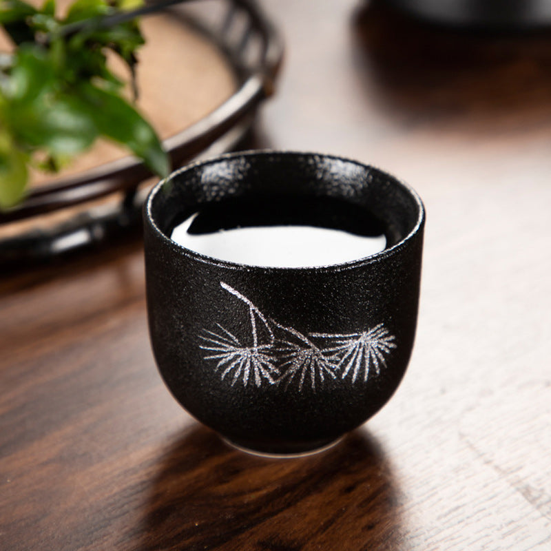 Tasse à thé en céramique noire peinte à la main de 95 ml, motif fleur de lotus