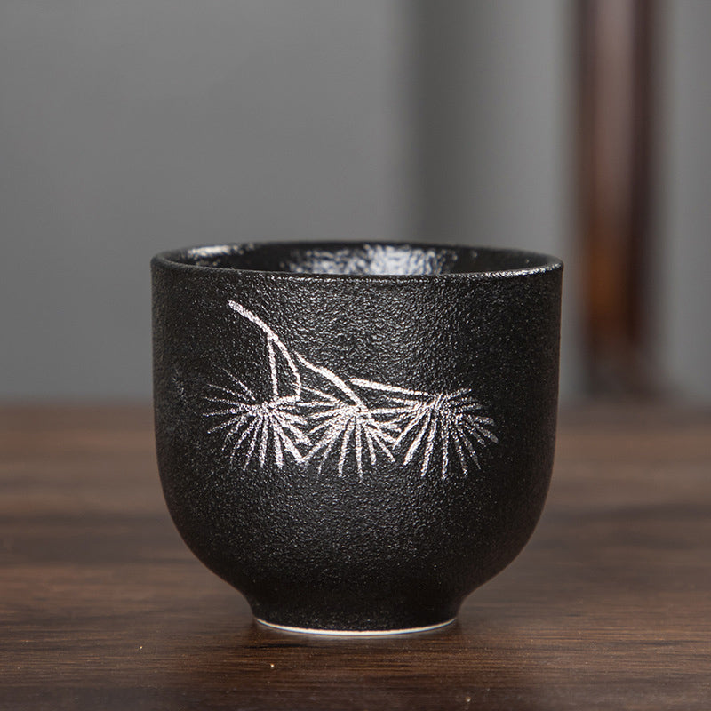 Tasse à thé en céramique noire peinte à la main de 95 ml, motif fleur de lotus