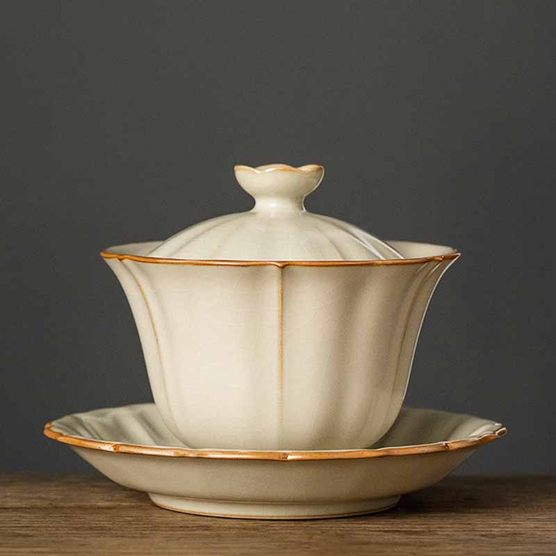 Beige Ceramic Gaiwan with Plum Blossom Design 120ml Tea Set