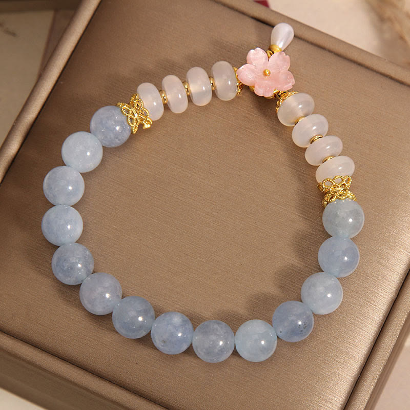 Aquamarine White Agate Flower Healing Bracelet 14cm