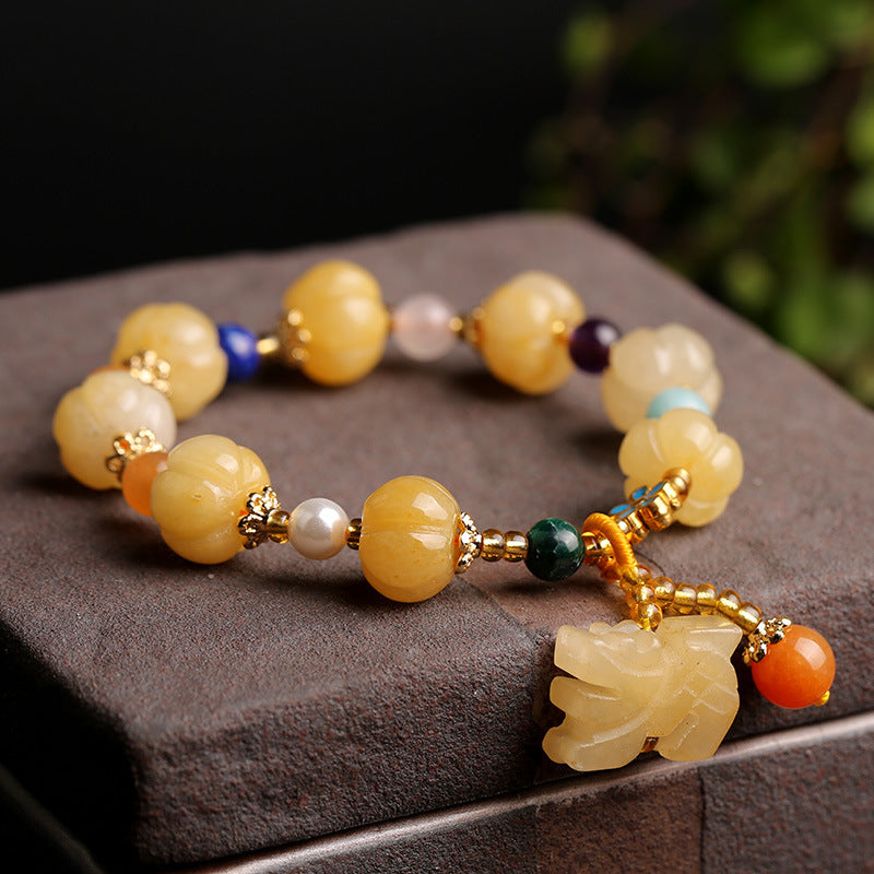 Unisex 10mm Golden Silk Jade Pixiu Wealth Bracelet