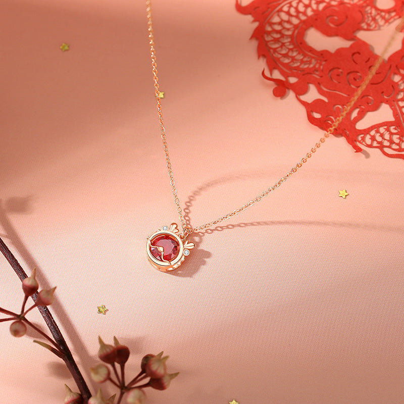 925 Sterling Silver Dragon Necklace with Red Zircon for Luck