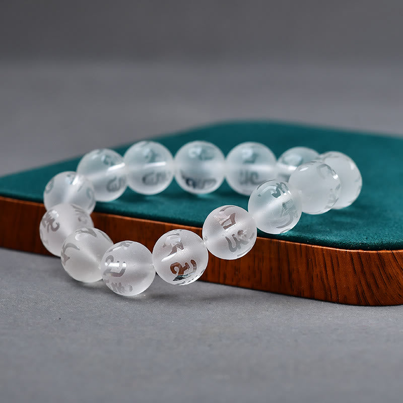 8mm White Crystal Om Mani Padme Hum Meditation Bracelet